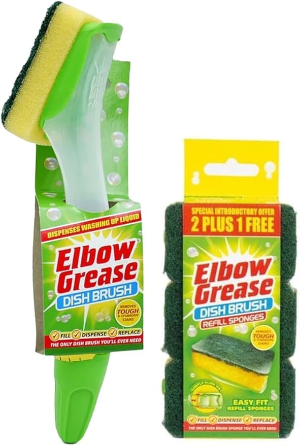 Elbow Grease Fillable Washing Up Brush with Sponge- Ergonomic design handle - with 3X Elbow Grease Sponge Refills
