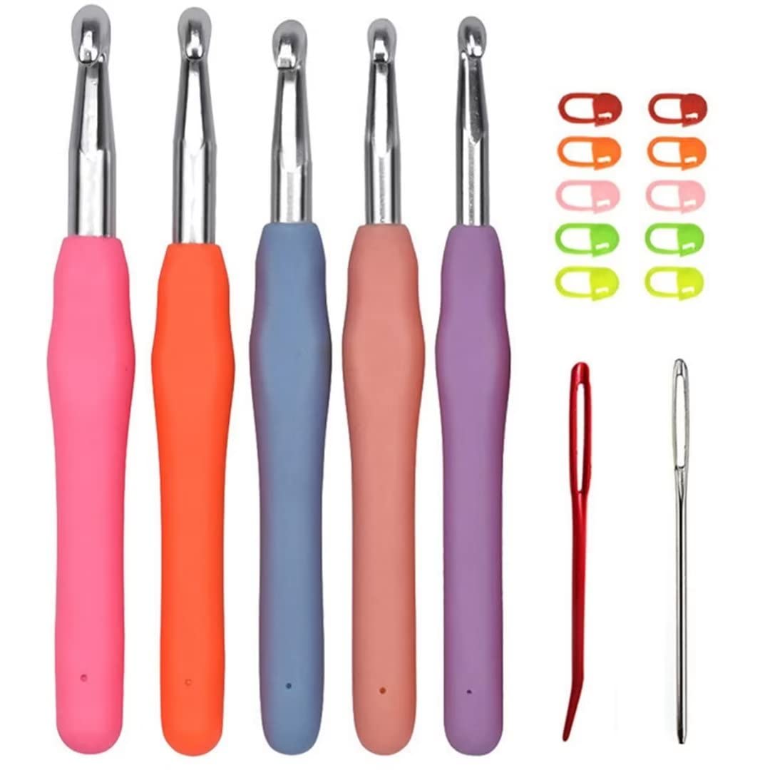 Crochet Hooks Set, Size 6.5mm 7.0mm 8.0mm 9.0mm 10.0mm Soft Handles Large Crochet Hooks with Needles and Stitch Markers (Multi-Colored A)