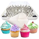 BakeLux Cake Decorating Tips Set - 56 Piece Professional Kit With Reusable Cotton Pastry Bag For Icing Piping, 2 Flower Nails, Coupler, Storage Box, Duyas Reposteria, Baking Tools Supplies