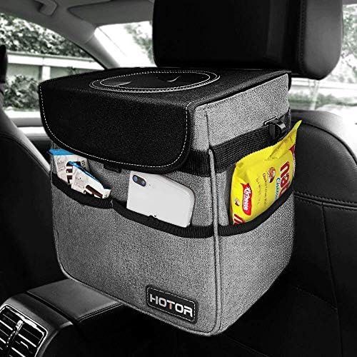 HOTOR Car Trash Can with Lid and Storage Pockets, 100% Leak-Proof Car Organizer, Waterproof Car Garbage Can, Multipurpose Trash Bin for Car - Gray