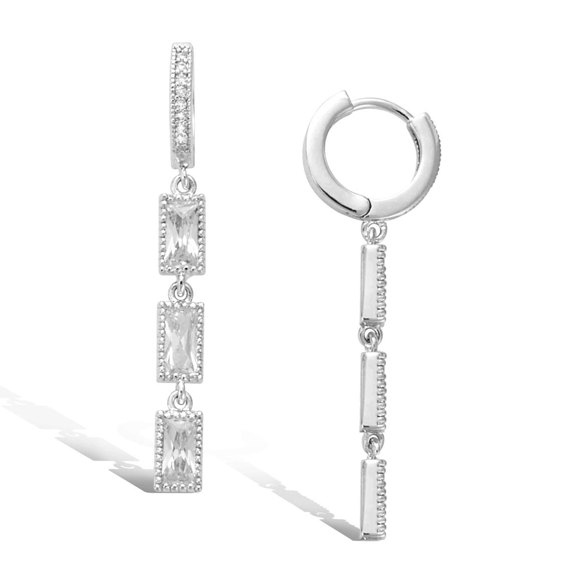 AGVANA 14K White Gold Plated 925 Sterling Silver Sparkling Clear Cubic Zirconia CZ Hinged Small Hoop Creole Long Drop Dangle Tassel Earrings for Women Teenager Girls, with nice Jewellery Gift Box