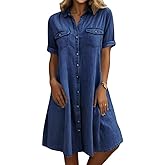 chouyatou Women's Summer Short Sleeve Denim Shirt Dress Business Casual Button Down Midi Long Jean Dress