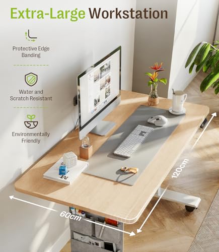MAIDeSITe Height Adjustable Electric Lift Table, 120 x 60 cm Standing and Sitting Table with Cable Tray, Hook and Storage Pockets, Lift Table with Memory Controller