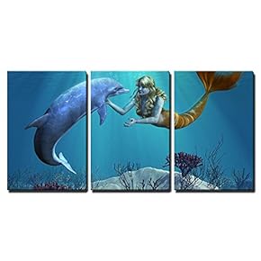 3 Piece Canvas Wall Art - a Friendly Dolphin Greets a Mermaid Undersea - Modern Home Art Stretched and Framed Ready to Hang - 16"x24"x3 Panels
