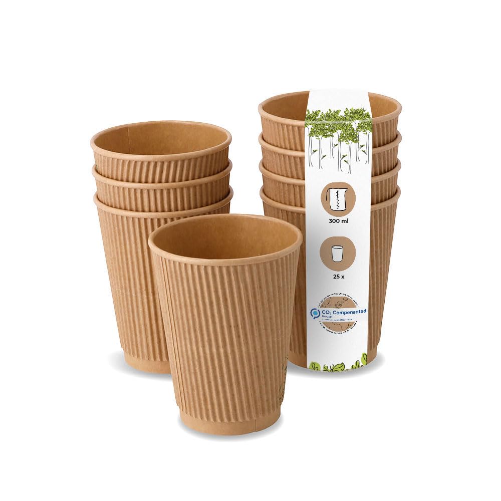BIOZOYG 25x Insulated Disposable Coffee Cups 300 ml / 12 oz, Ø 90 mm Brown - Corrugated, Plastic-Free - Paper Cups for hot Drinks
