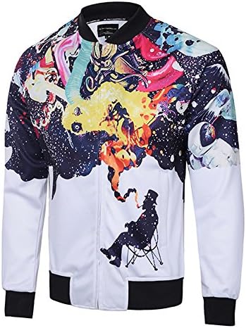 maduang Mens 3D Smog Printed Jacket Spring Autumn Stand Collar Baseball Coat