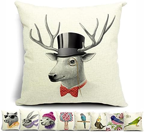 Cotton Linen Square Shams Decorative Throw Pillow Cover Cushion Case(Cartoon Deer)Set of 1 Hidden Zippered for Sofa,Couch,Bed and Chair Fit 18x18 Inserts