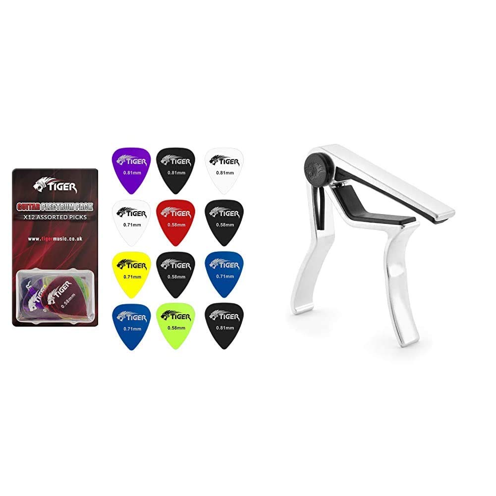 Tiger Music GACAPO2 Capo for Guitar - Chrome + Tiger Music GAC65-12 Gel Guitar Plectrums - 12 Gel Guitar Picks, 4 Each of 0.58mm, 0.71mm, 0.81mm Gauges
