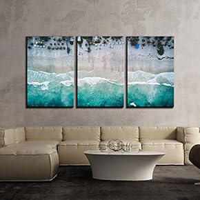 3 Piece Canvas Wall Art - Landscape with Bird View of Beach - Modern Home Art Stretched and Framed Ready to Hang - 16"x24"x3 Panels