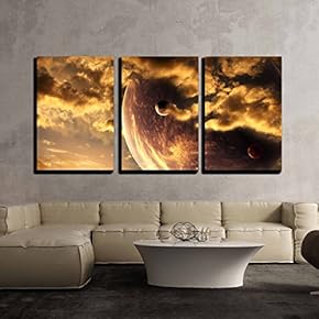 3 Piece Canvas Wall Art - Sunset in Storm Sky and Alien Planet - Modern Home Art Stretched and Framed Ready to Hang - 16"x24"x3 Panels