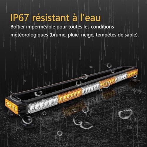ROUTEKING 95 cm 80 LED Flashing Strobe Light Bar – 12 V/24 V Magnetic LED Beacon for Vehicle Car, Beacon with Magnetic Base (Amber/White/Amber)