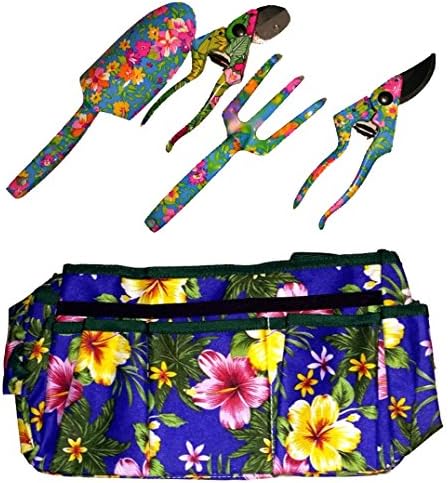 MOTHER'S DAY GIFT - HIGH QUALITY 5 PIECE FLORAL GARDEN HAND TOOLS WITH FLOWER DESIGN BAG, CULTIVATOR, SPADE, 2 PRUNERS - WITH FREE TOOL BELT {jg}