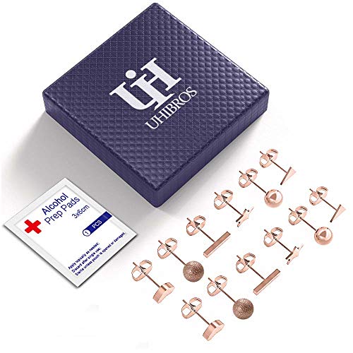 UHIBROS 6 Pairs Stainless Steel multiple styles Hypoallergenic Rose Gold cute Star Ball Heart Stud Earrings Set for women and girls