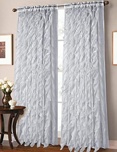 Sapphire Home Two (2) Cascade White Ruffle 84" Long Curtain Panels, Sheer Voile Ruffled Curtain Panels - Silver/Green