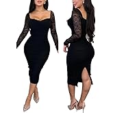 Ninimour Women's Elegant Bodycon Midi Dress Contrast Lace Long Sleeve Back Slit Slim Fit Bodycon Party Dresses