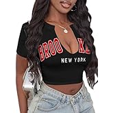 Hilinker Women's Sexy Graphic Crop Tops Short Sleeve V Neck T Shirts Summer Tees