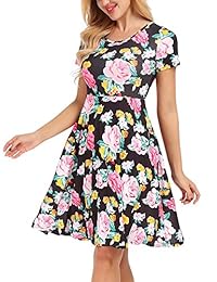 Uniboutique Vestido de manga corta para mujer, con estampado casual, línea A, acampanado, con bolsillos