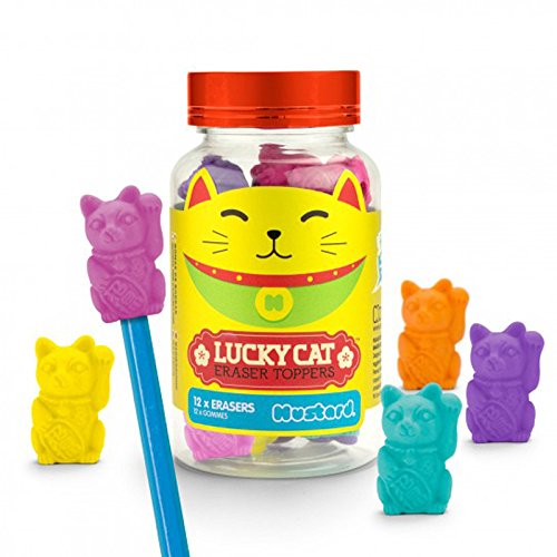 Mustard Pencil Toppers Rubber Erasers Set of 12 - Assorted Colors Lucky Cat