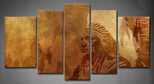 5 Panel Wall Art Brown Native American Chief Worriors on Horses Painting the Picture Print on Canvas People Pictures for Home Decoration