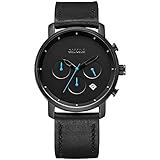 Classic Men's Chronograph Watch Casual Fashion Black Leather Strap Quartz Wrist Watch with Blue Pointer - BAOGELA