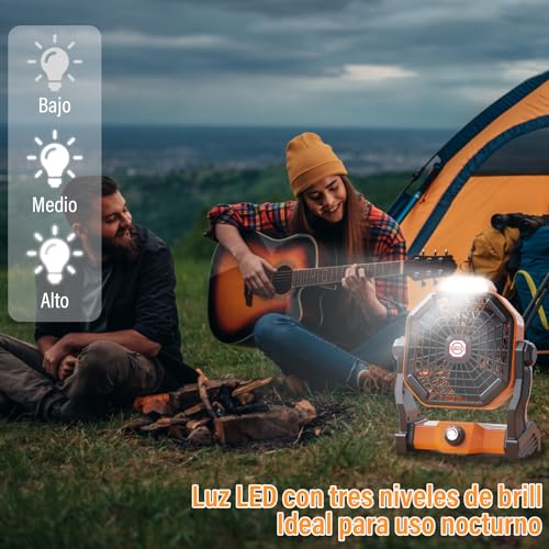 KIROGILY Ventilador Portatil, Abanico Portatil 10400 mAh, Ventilador Recargable con Luz LED y Gancho, Ventilador Camping 3 Niveles de Brillo, Ventilador de Escritorio para Camping, Viajes, Hogar