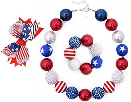 American Flag Children's Jewelry Bow Hair Clip Bubblegum Necklace Bracelet Set Girls Holiday Birthday Gifts-B
