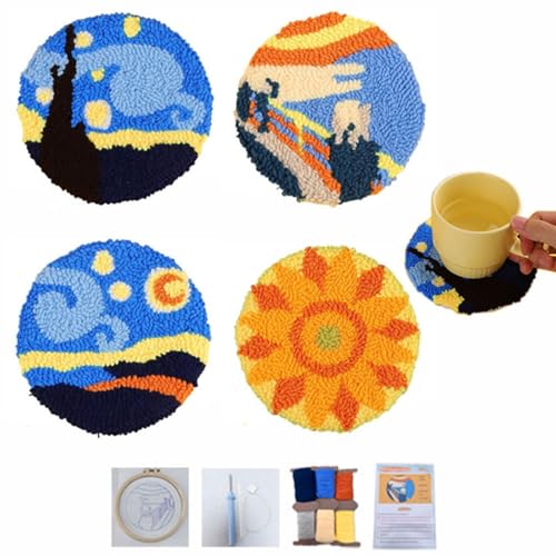F-CANLAN 4 PCS DIY Starry Sky Van Gogh Punch Needle Coasters Kits, Van Gogh Embroidery Hoop Punch Needle Kit with Adhesive Felt, Starry Night Coaster Punch Needle Kit for Adult Beginner