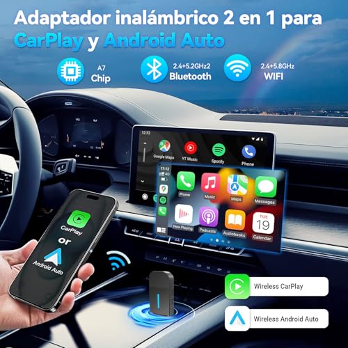 Adaptador Carplay Inalambrico y Android auto, [Integrado 2 en 1] USB y Type-C 5.2 Bluetooth Adapter Auto, Plug&Play, para iPhone y Android, 5GHz WiFi Adaptadores 98% Coches OEM CarPlay con Cable