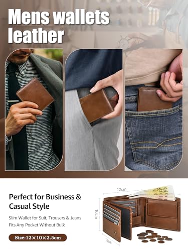 GSG SINCE 1998 Mens Cowhide Leather Wallets with Coin Pocket,17 Credit Card Slots, 2 Banknote Compartments Genuine Leather RFID Wallet Brown