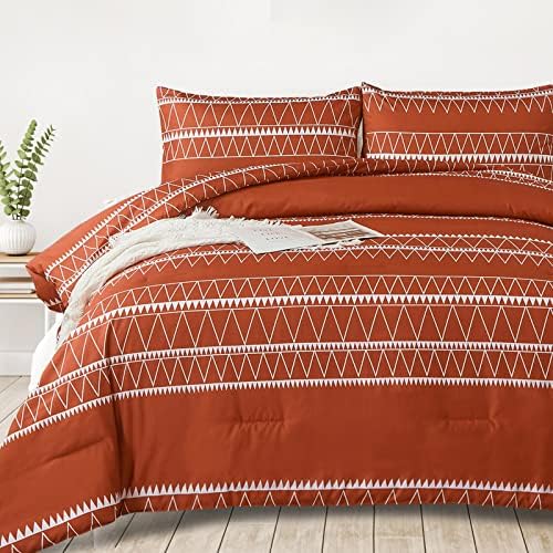 Terracotta Comforter Set Queen Size (90"×90"),Reversible Orange Boho
