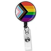 Progress Pride Flag LGBTQ Retractable Badge Clip - LGBT Badge Gay Lesbian Bisexual Transgender Supports Holder ID Reel Clip for Lanyards Name ID Card