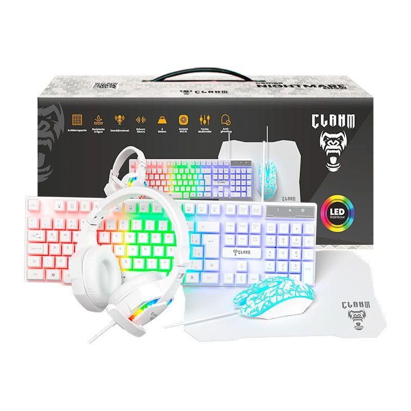 Combo GAMER 4 em 1 MTS, Nightmare Snow • Mouse 4D - 3600 Dpi • Teclado RGB LED Rainbow Anti-Ghosting • Fone e Microfone Headset 45mW Stereo • Mousepad 290x250 • Quality Premium • Setup Gamer Branco