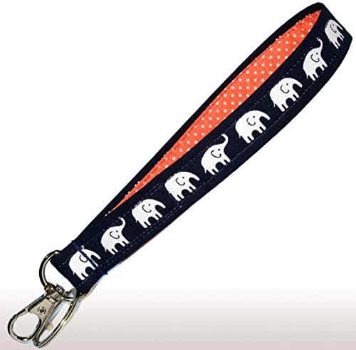 Elephants Keychain - Key Fob Wristlet - Navy - Coral - Purse or Wallet Strap - Safari - Africa - Zoo