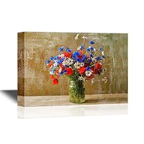 Flowers and Vase Canvas Wall Art - Still Life with Bouquet of Colorful Wild Flowers - Gallery Wrap Modern Home Art | Ready to Hang - 12x18 inches
