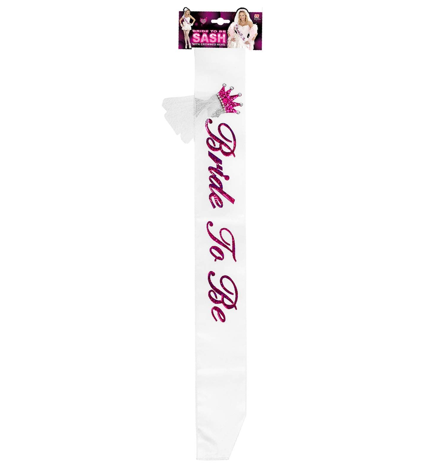 Widmann 09688 - Bride To Be Sash In Double Layer Satin, Adult Woman, Decorated With Bride Veil On Tiara, Hen Party, White-Fuchsia Color