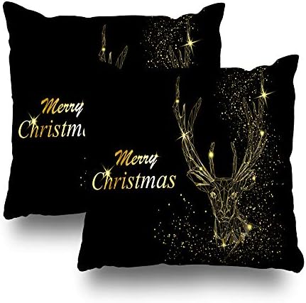 Pakaku Set of 2 Decorative Pillow Case Throw Pillows Covers for Couch/Bed 18 x 18 inch, Christmas Happy New Deer Gold Black Home Sofa Cushion Cover Pillowcase Gift Bed Car Living Home