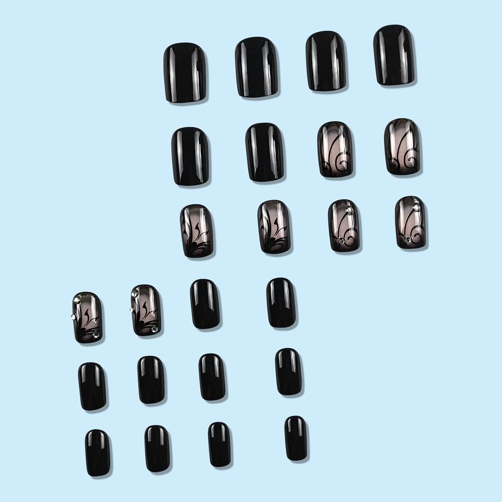 OHWODA Black Press on Nails Short Square Fake Nails Black Vine Acrylic Glue on Nails Full Cover Glossy Nails Press ons Short Stick on Nails Summer Artificial Nails for Women Girls - 24Pcs - Image 5