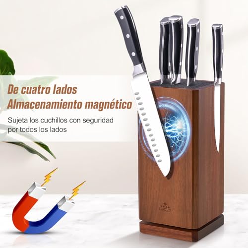 ENOKING 360° Rotating Kitchen Knife Holder, Kitchen Knife Holder with Bristles, Acacia Wood Knife Holder, Magnetic Knife Organizer for Knives and Utensils
