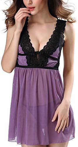Sexy Lingerie for Women Babydoll Nightwear Lace Set with G-String (Small, Purple)