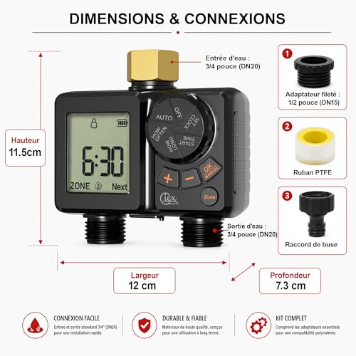 GIEX Programmateur d’arrosage rechargeable 2 zones, minuteur d’eau programmable à 2 sorties avec entrée en laiton, batterie intégrée, retard pluie et arrosage manuel