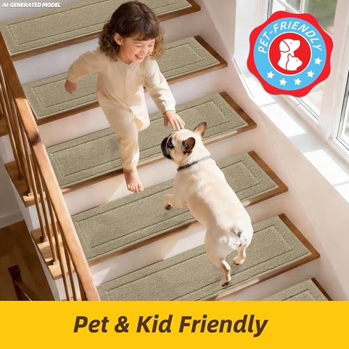 Non-Slip Stair Treads for Wooden Steps Indoor, 15 Pack 8" X 30" Edging Stair Rugs with TPE Backing,0.45" Thick Carpet Stair Treads for Kids Elders & Pets, 100% Polyester Soft Stair Runners, Beige