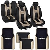 BDK Sport Series "Rome Sport" Beige Tan Seat Covers w/ Split Bench & Tan Tattoo Carpet Mats Full Set