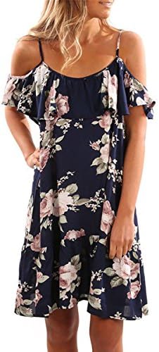 Flowshey Women Casual Off Shoulder Floral Printed Mini Strap Dress Loose Brace Dress