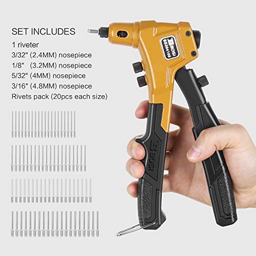 Rivet Gun, One Hand Riveter Kits with 4 Interchangeable Nosepieces, 4 in 1 Rivet Tools with 80pcs Rivets BOSI TOOLS BS304108