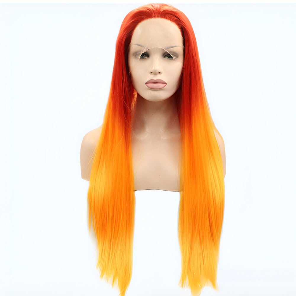 xiweiya Ombre Orange Flame Fire Lace Front Wig Long Soft Straight Hair Orange Yellow Wigs Multi-colored Synthetic Heat Resistant Cosplay Costume Party Wigs 24inches