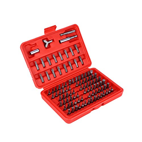 Professional 100-Piece Security Screwdriver Bit Set with Red Case, Tamperproof Torx Hex Bits for Car Repair, Electronics, Equipment