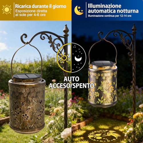 SOLARBABY Solar Lantern for Outdoor, 2 Pieces Hummingbird Solar Lamps for Garden, Metal, Waterproof Garden Lights for Outdoors Patio Garden Terrace Balcony, Warm White
