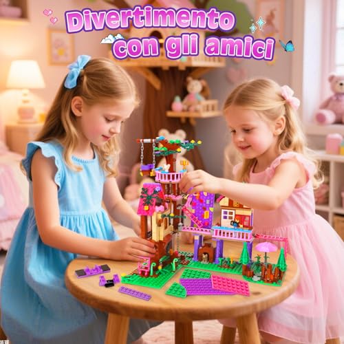 Charmofun Tree House Building Set, Girls' House Building Set with 3 Dolls and 4 Animals, Friends Tree House of Friendship for Children Age 8 and Up (Pink)