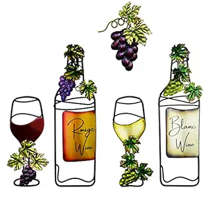 Wine Metal Wall Art Decor 5 pcs Vintage Red & White Wine Glass Wine Bottle Fake Grape Metal Decoration for Home Kitchen, Living Room, Dining Area, Farmhouse Bar Indoor Outdoor, 11inch NewVees