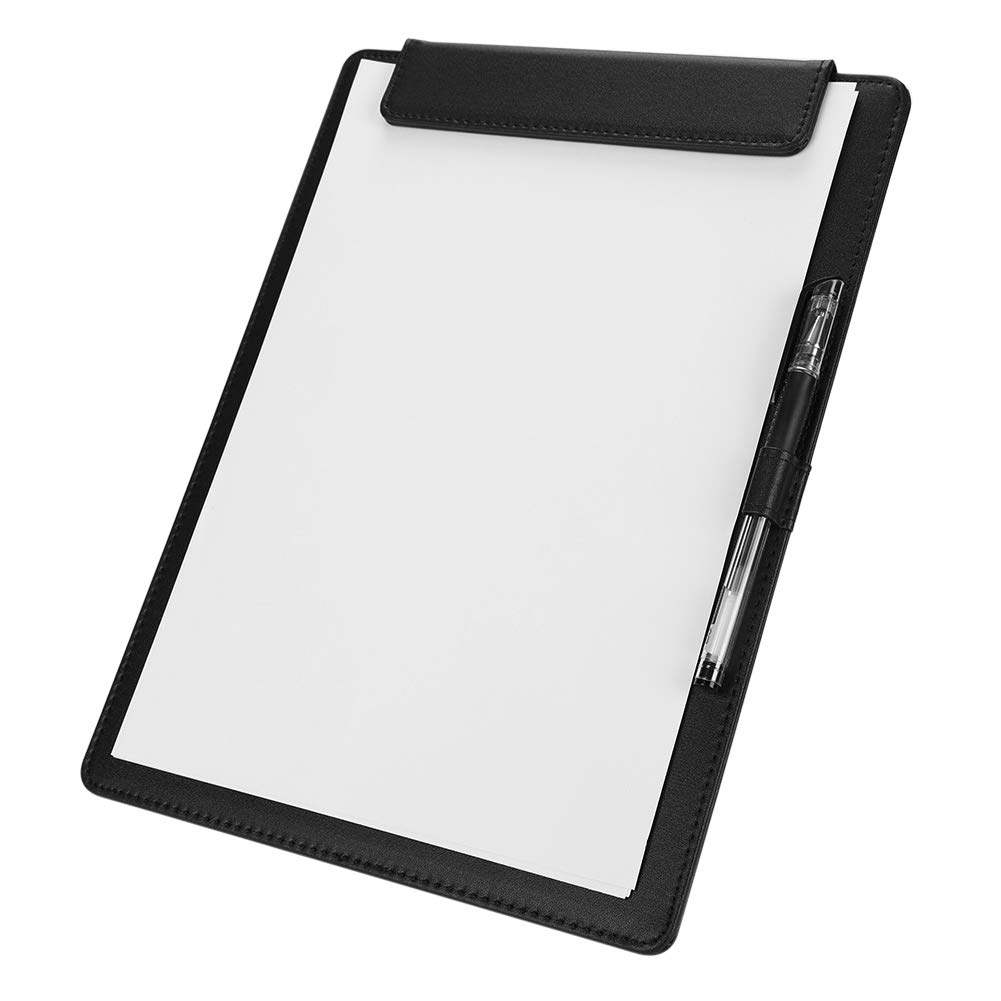 Clipboard Folder A4 Standard PU Leather Clip Hardboard Letter Size Fold Over with Pen Holder Legal A5 Interview Resume Folder Padfolio Document Paper Holder Writing Pad Clip Boards Single Black